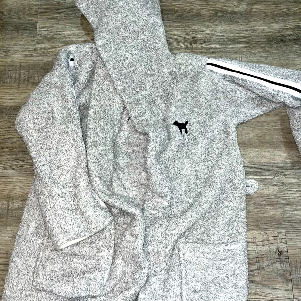 PINK VS gray with Black Logo mid length bathrobe with shimmer and sparkle XS